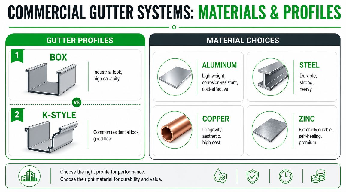 An infographic comparing different gutter profiles and material choices for commercial building gutter systems.