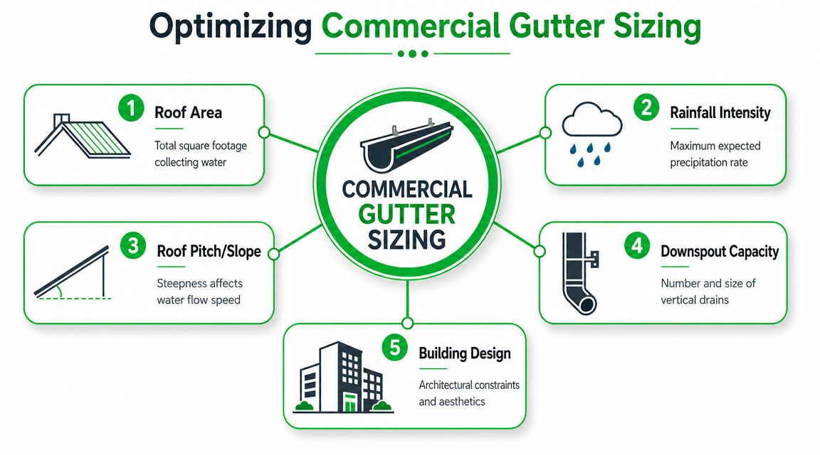 An infographic showing five key factors involved in the process of optimizing commercial gutter sizing.