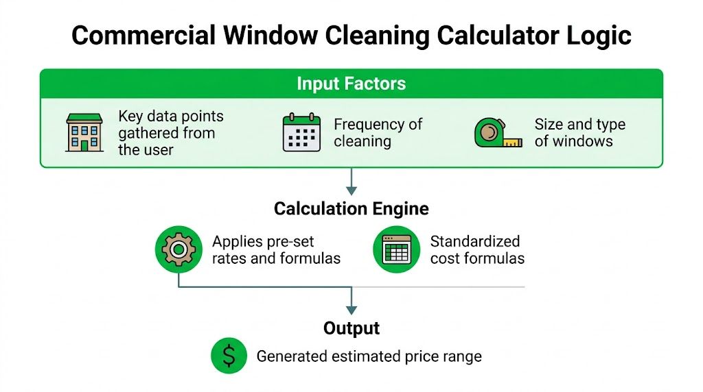 A diagram illustrating the step-by-step logic used by a commercial window cleaning cost calculator tool.