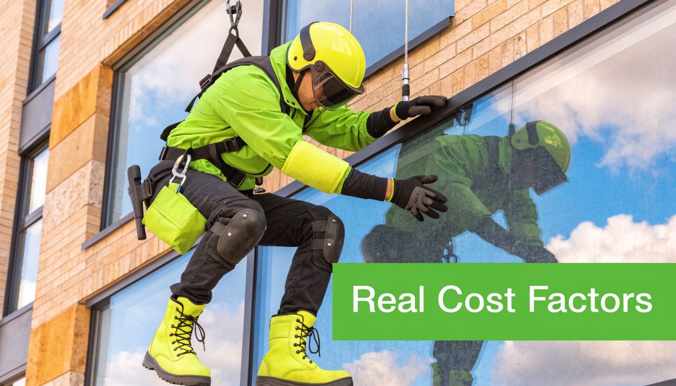 A professional window cleaner in safety gear hanging from a building to clean glass panels.