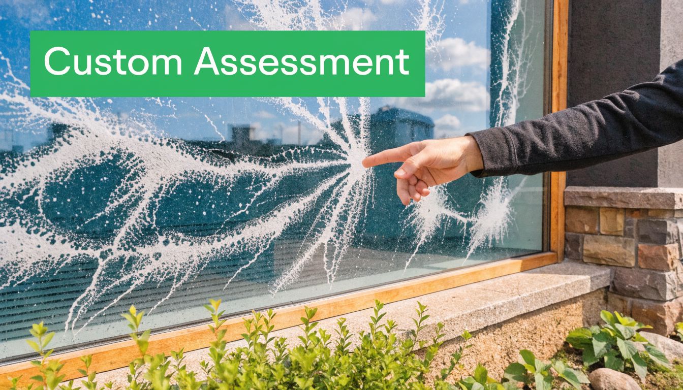 A person pointing at a white splash pattern on a commercial glass window during property assessment.