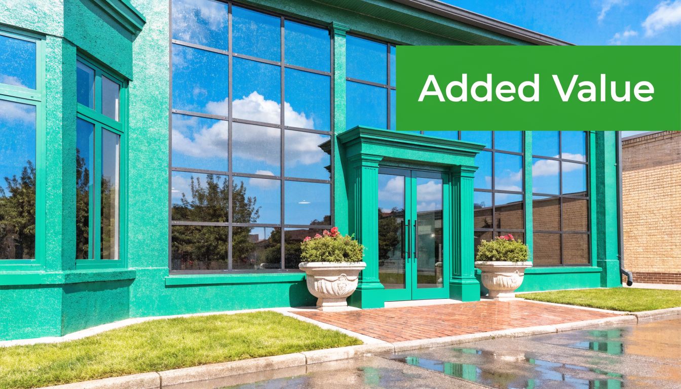 A modern commercial building with vibrant green walls, large reflective glass windows, and a neat entrance.