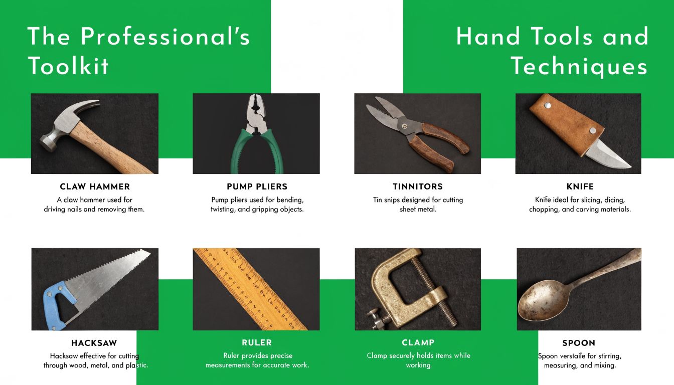 A professional toolkit infographic displaying essential hand tools with their names and functional descriptions.
