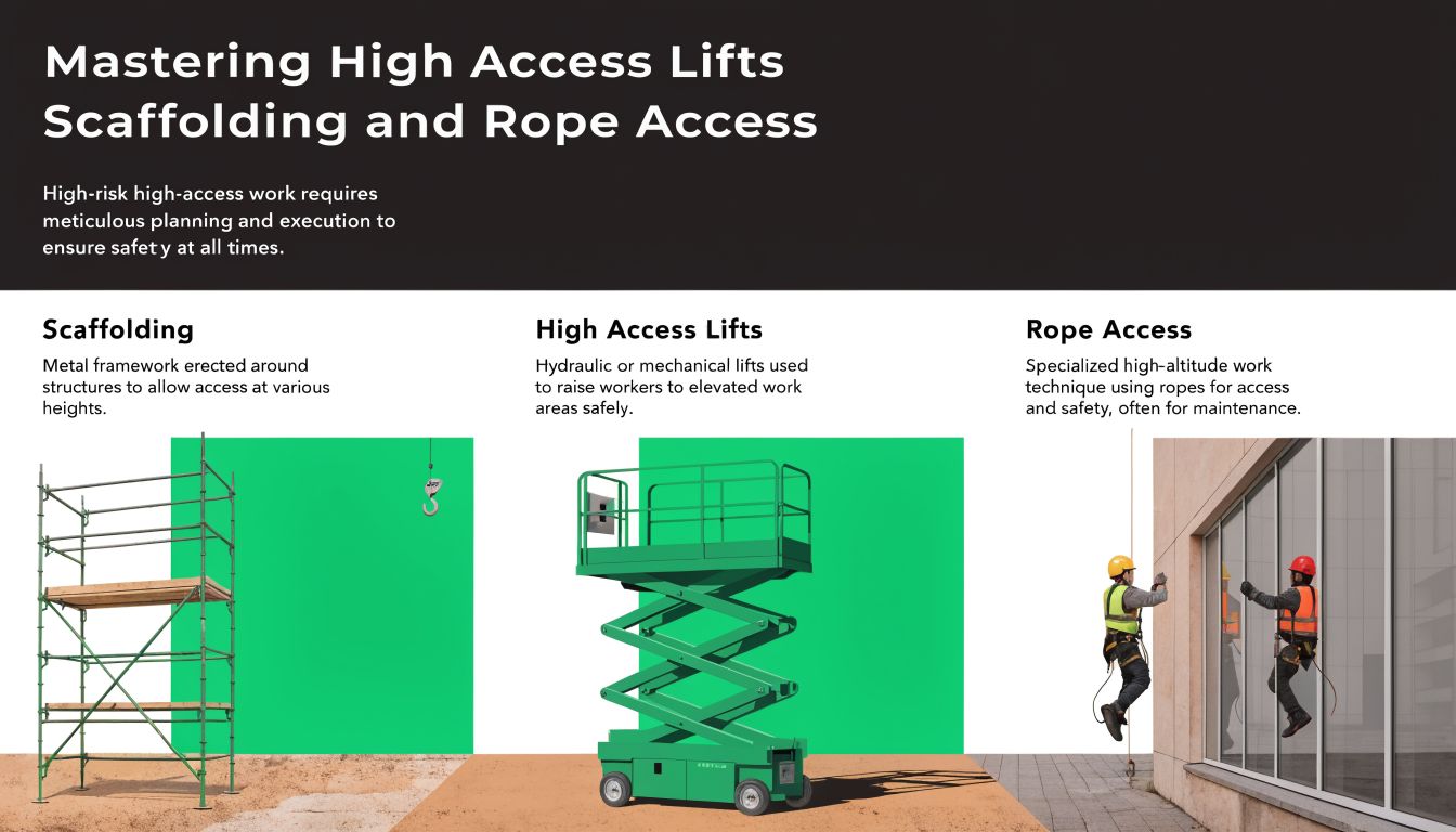 An infographic showing scaffolding, scissor lifts, and rope access equipment used for high-altitude maintenance work.
