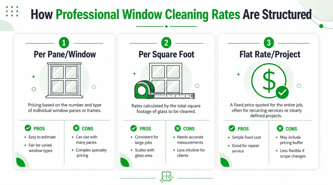 An infographic detailing the three common pricing structures for professional window cleaning services including per pane, per square foot, and flat rates.