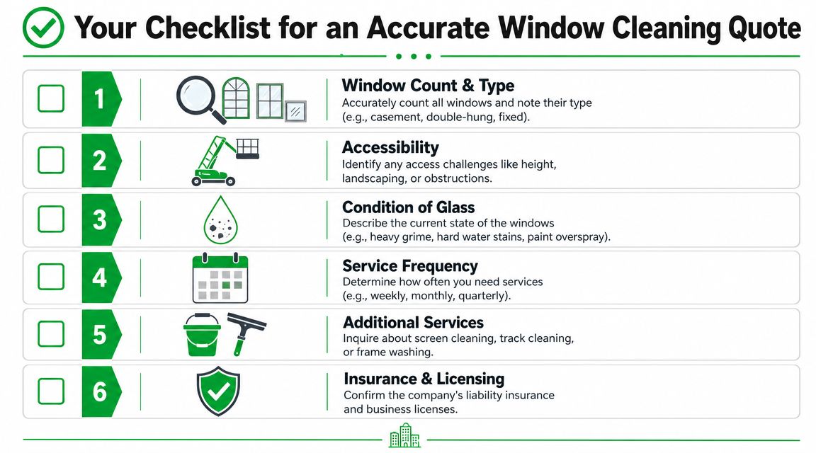 A six-point checklist graphic for obtaining an accurate professional window cleaning price estimate for residential or commercial properties.