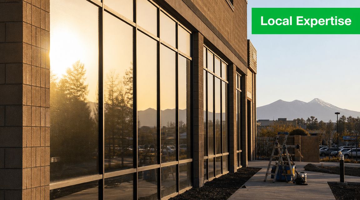 A professional ladder and equipment set up on a sidewalk for commercial window cleaning services.