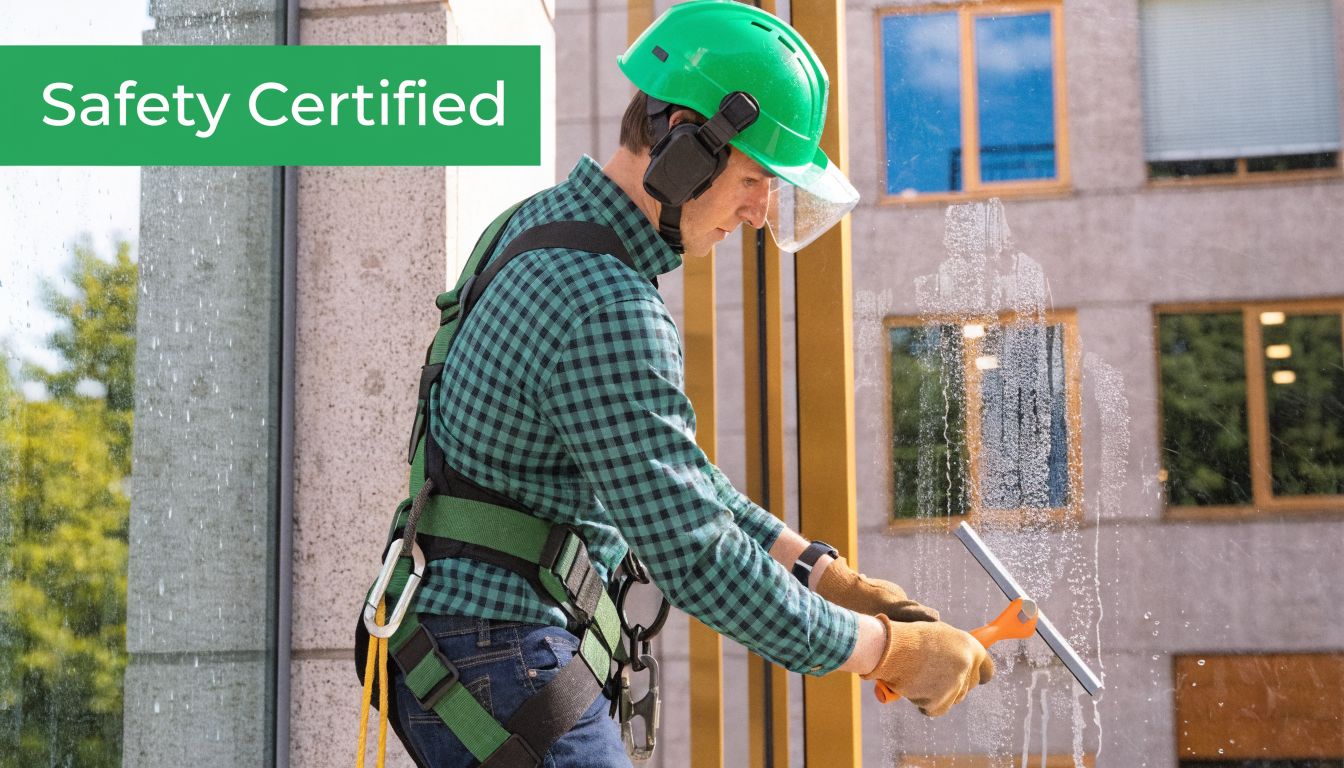 A professional window cleaner wearing safety harness and helmet cleaning a large building exterior window with squeegee.