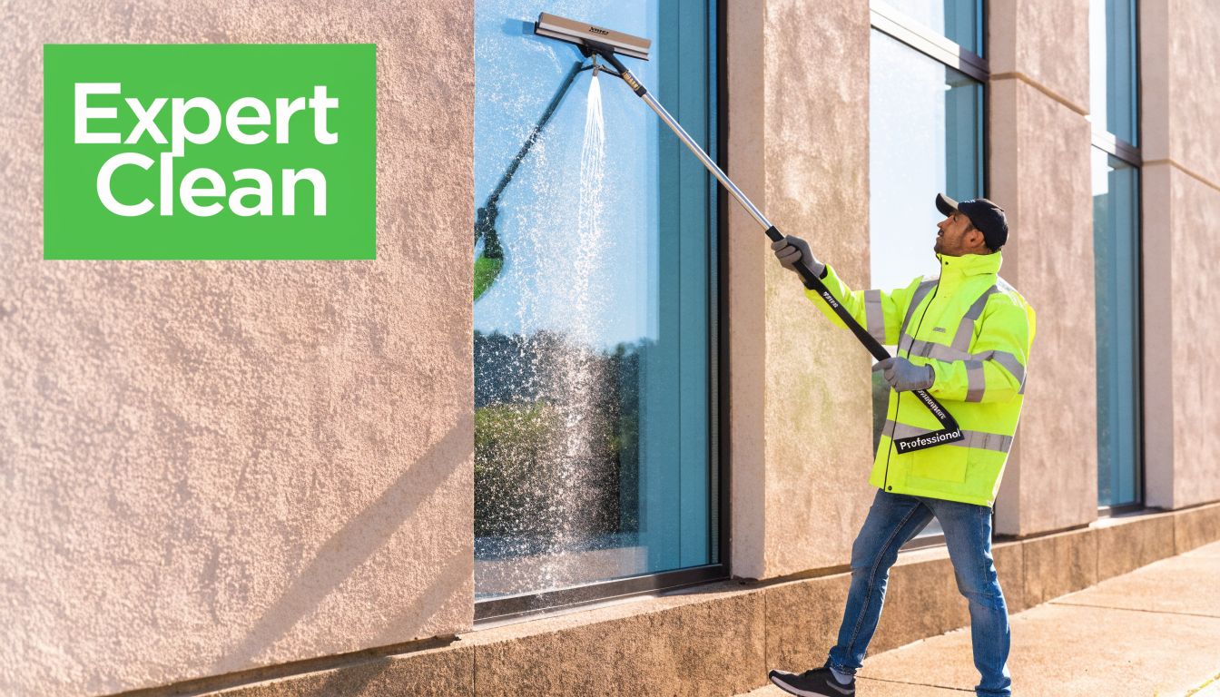 A professional cleaner in a high-visibility jacket uses a long telescopic pole to wash building windows.