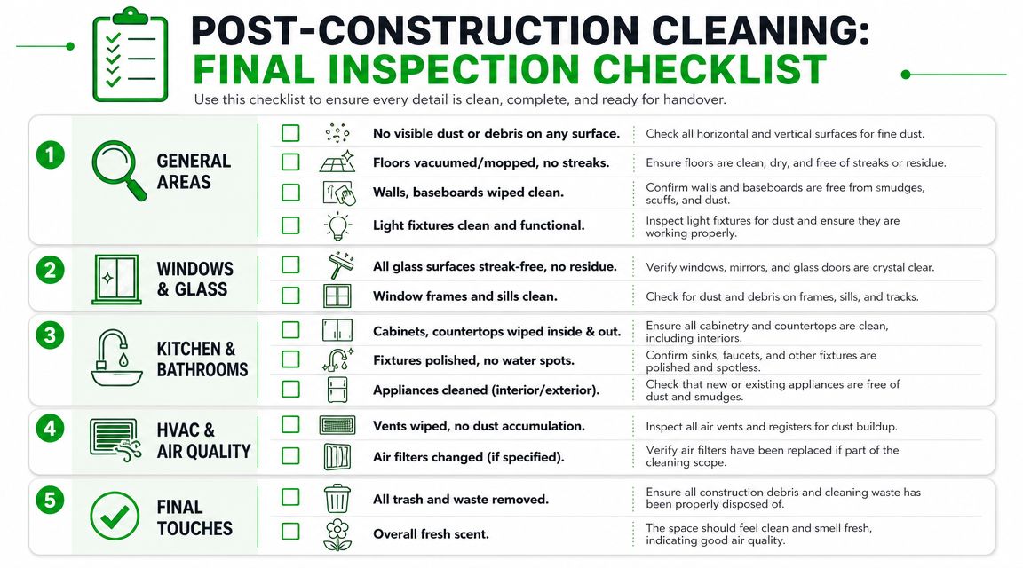 A comprehensive post-construction cleaning final inspection checklist for ensuring a clean and finished building handover.