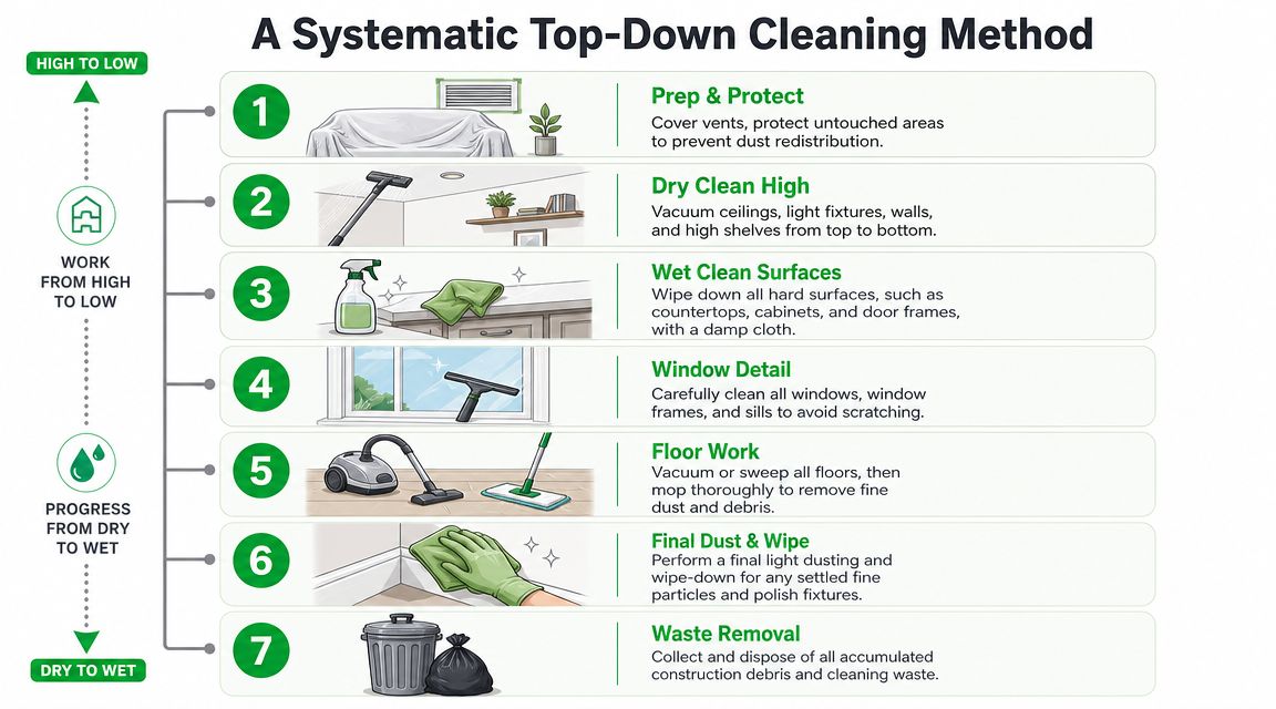 An infographic illustrating a seven-step systematic method for cleaning construction dust from high to low surfaces.