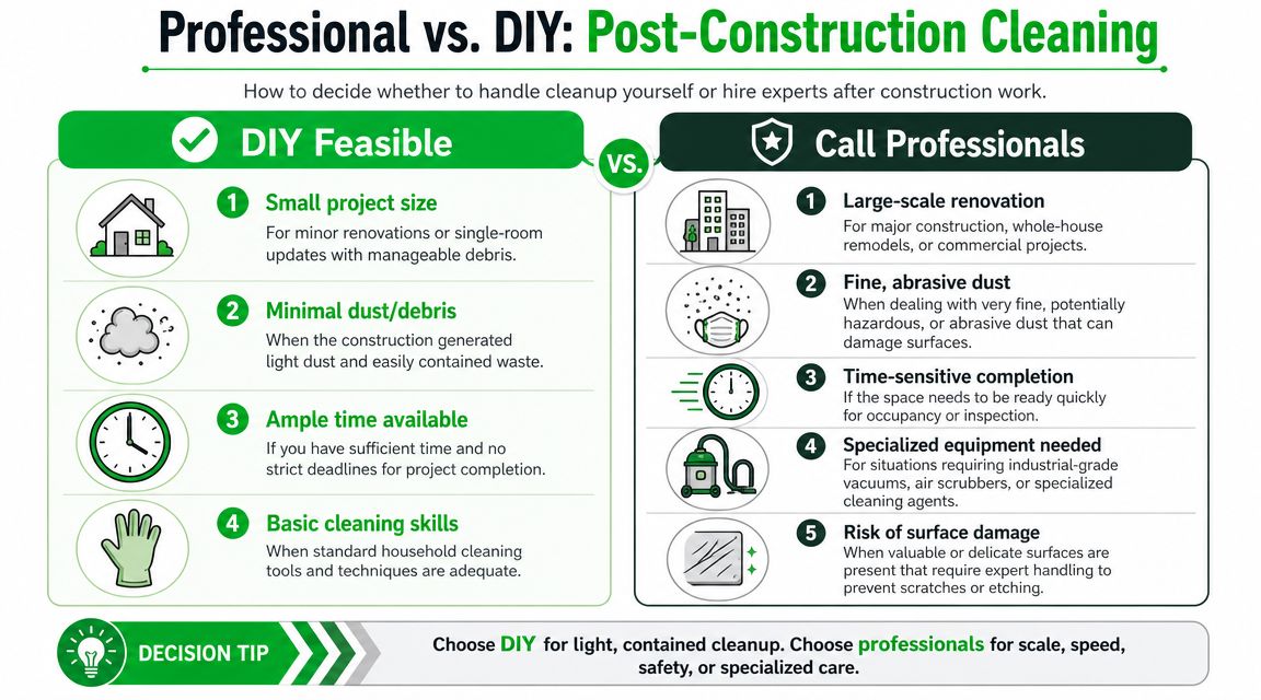 An infographic comparing DIY post-construction cleaning versus hiring professional cleaning services for various project types.