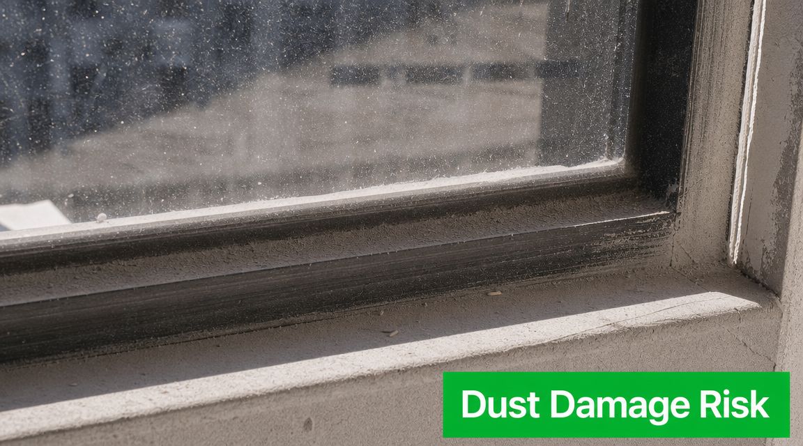 A dusty window sill and glass pane indicating potential construction dust damage risk in a building.