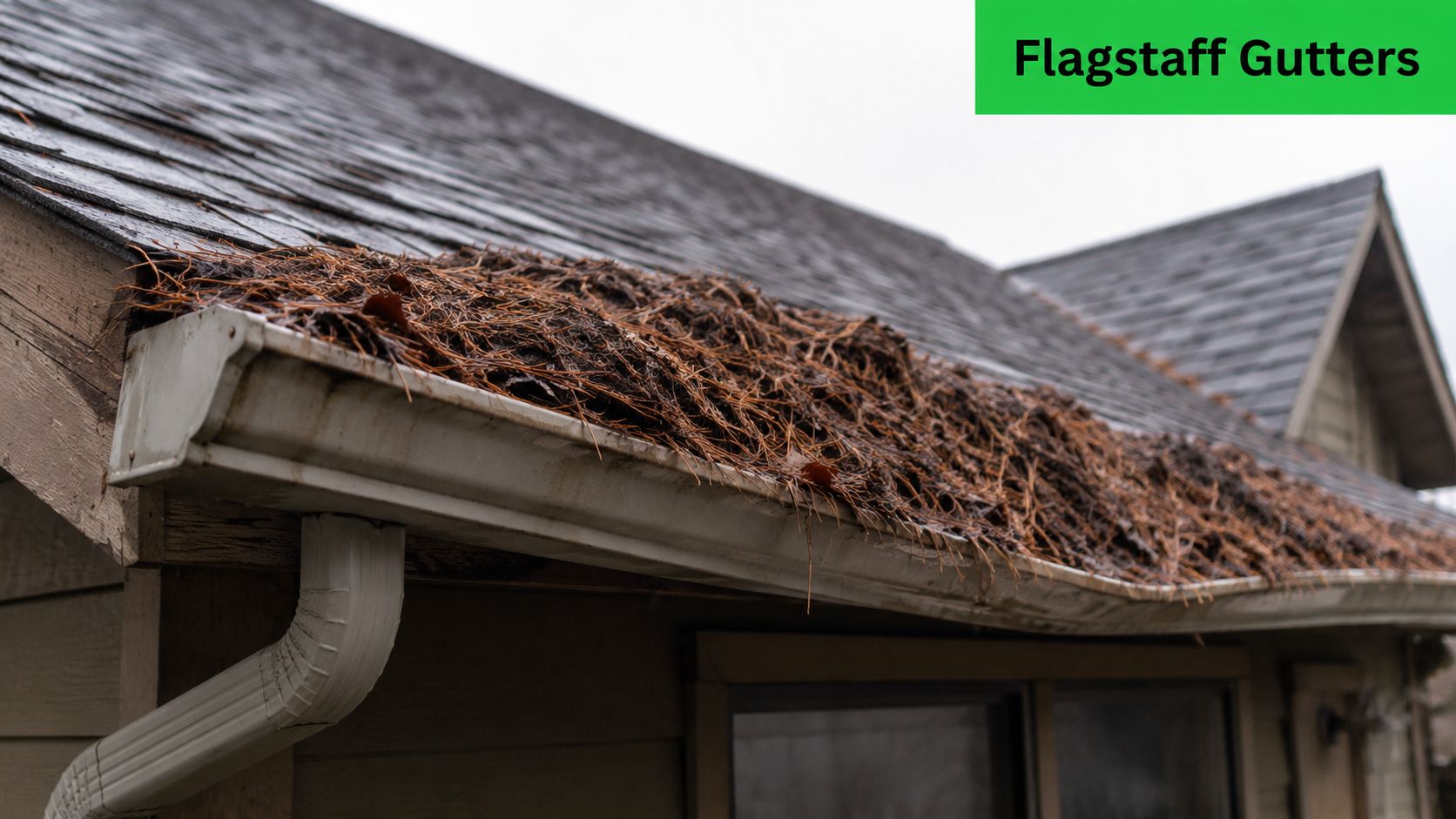A house gutter heavily clogged with brown pine needles and debris needing urgent professional cleaning services.