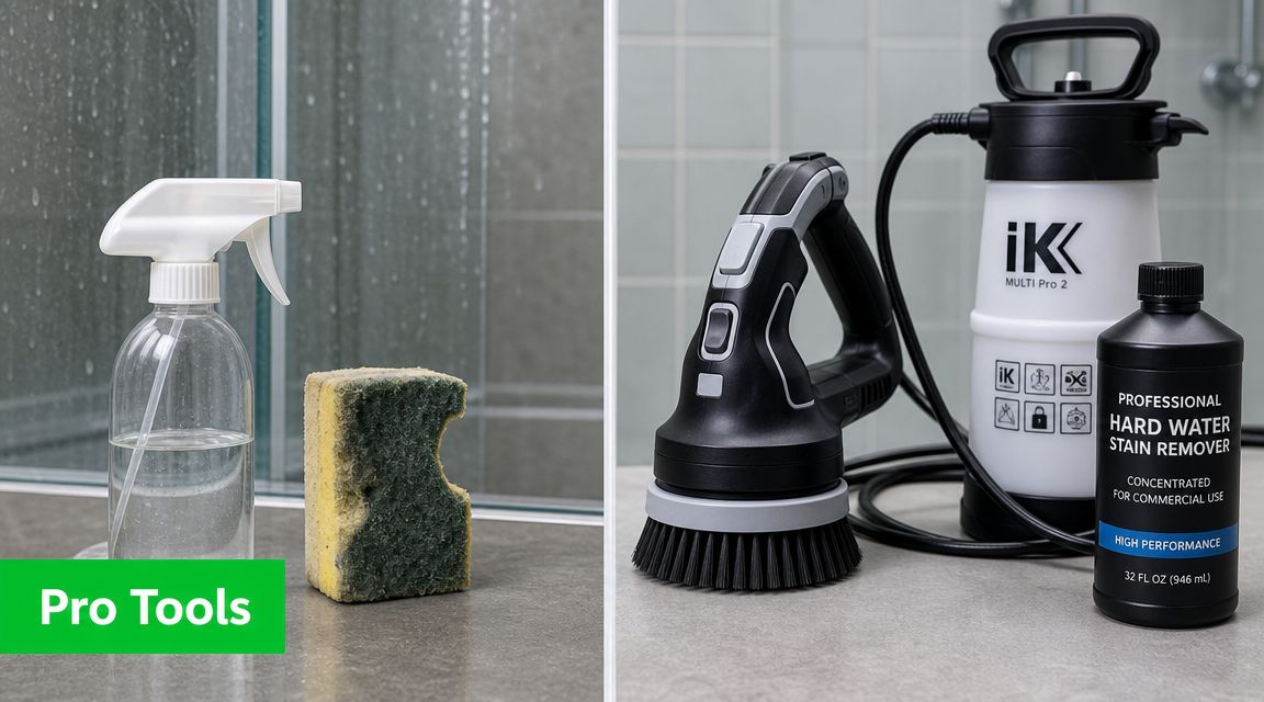 A side-by-side comparison showing household cleaning items versus professional-grade tools for removing hard water stains.