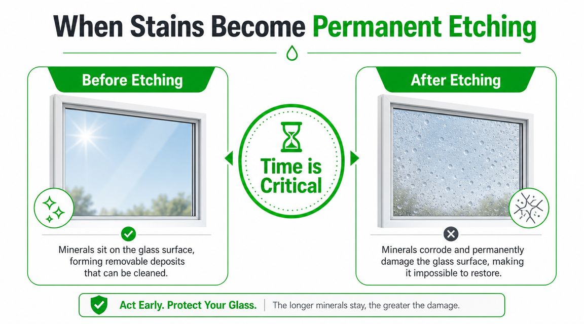 A diagram illustrating how untreated mineral deposits on glass windows lead to permanent damage over time.
