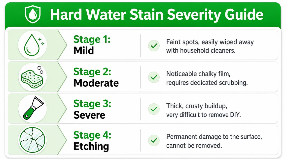 An infographic titled Hard Water Stain Severity Guide showing four stages from mild to etched damage.