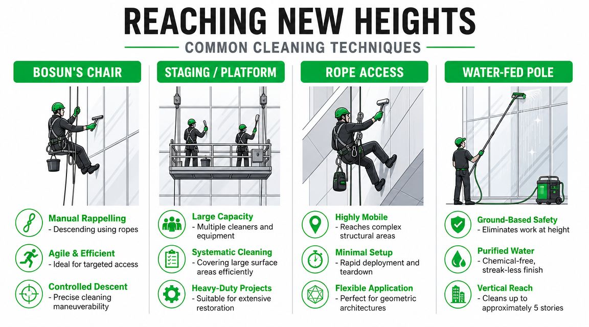 An infographic detailing four professional high-rise window cleaning methods: bosun's chair, staging, rope access, and water-fed pole.