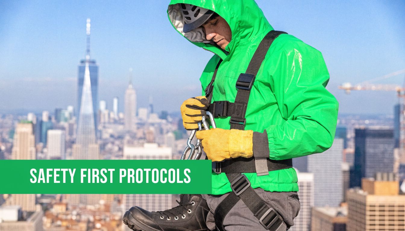 A construction worker wearing a bright green jacket and safety harness standing above a city skyline.