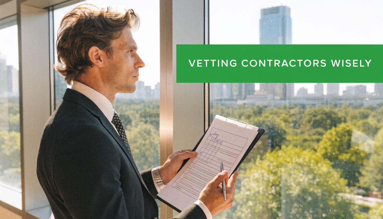 A professional man in a suit looking out a window while holding a contractor vetting checklist.