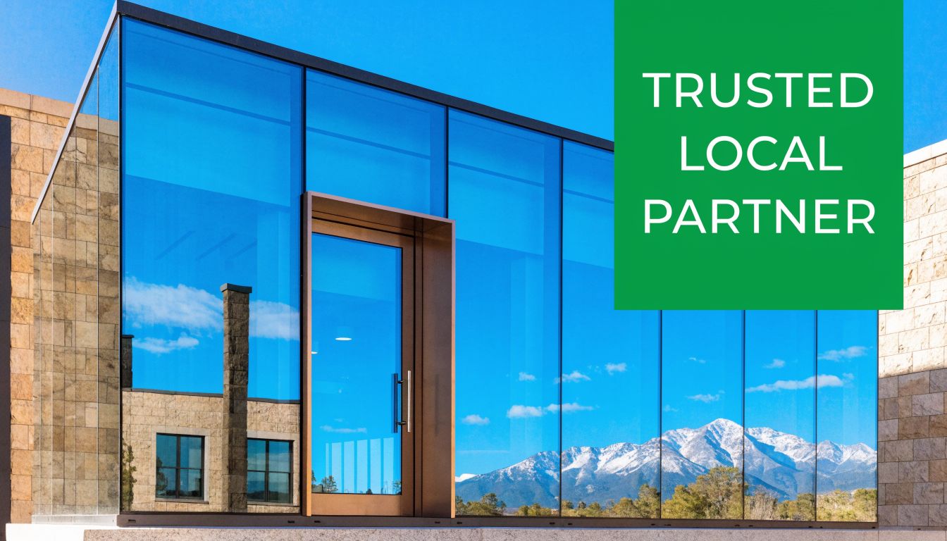 A modern glass building entrance reflecting a scenic mountain range under a bright blue sky.