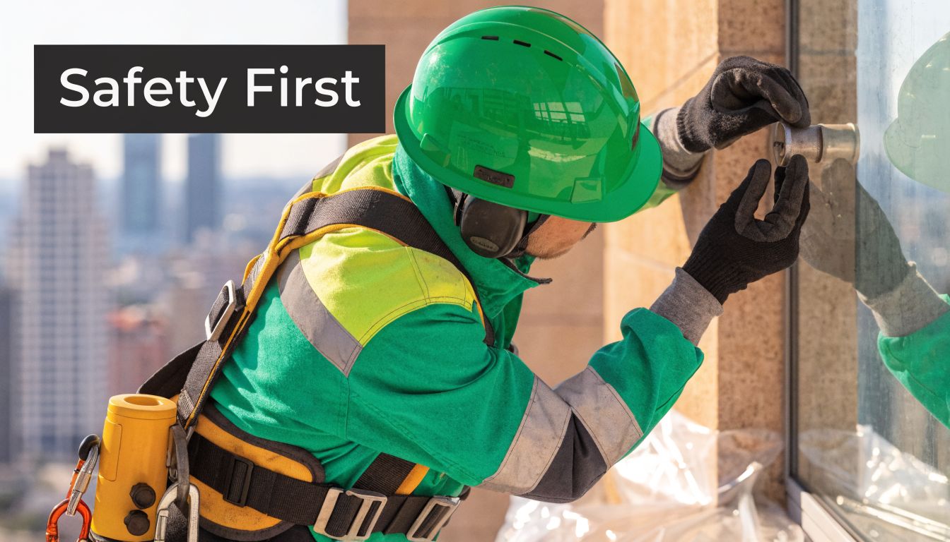 A professional construction worker wearing safety gear secures a high-rise window fixture outdoors against a cityscape.