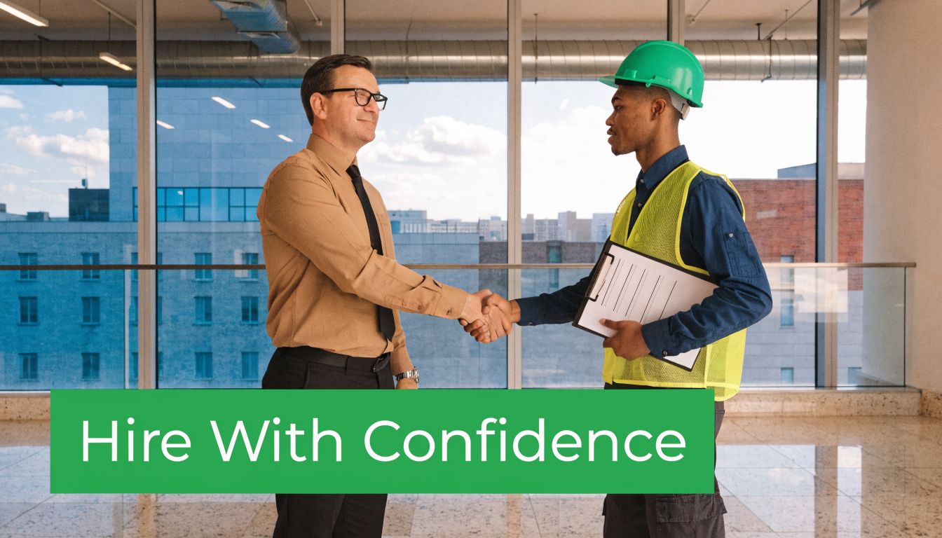 A professional in a business shirt and a construction worker in a high-visibility vest shaking hands.