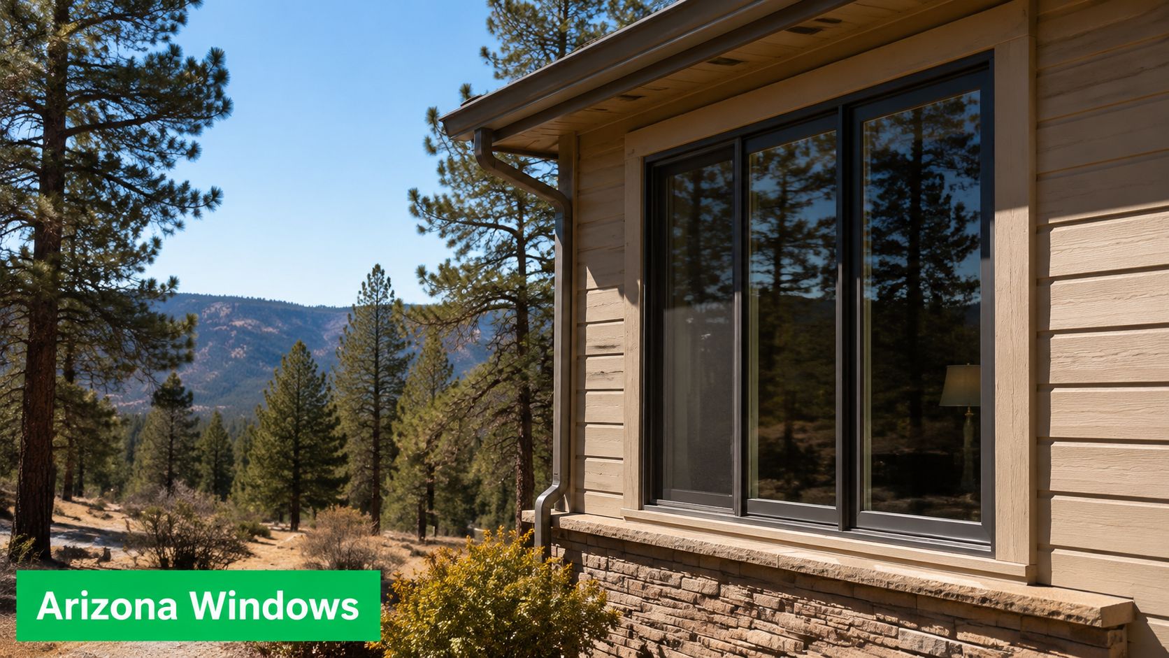 A modern home window overlooking a scenic forest landscape with pine trees and mountains in the distance.