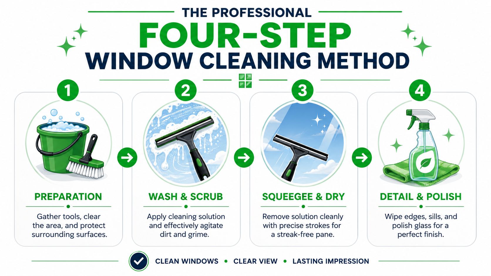 A professional infographic illustrating the four-step process for cleaning windows using household tools and solutions.