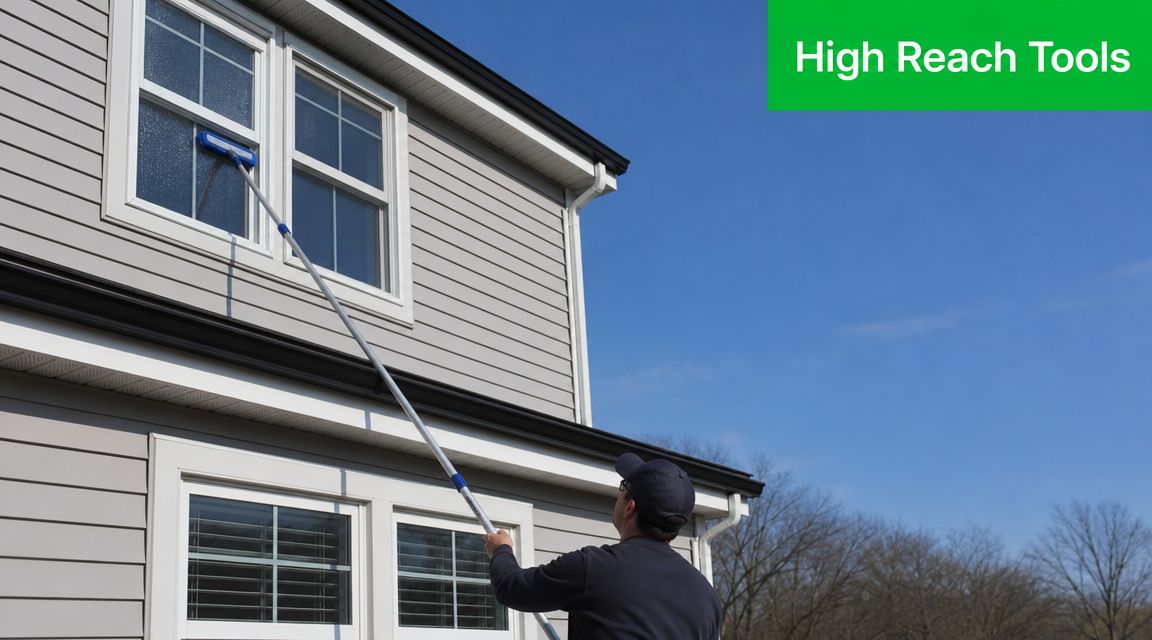 A professional window cleaner uses an extendable pole to clean second-story windows on a residential house.