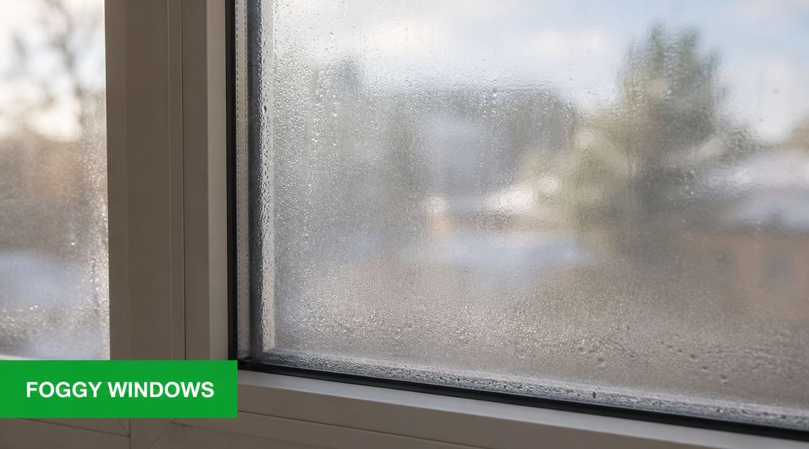 A close-up view of a double-pane window covered in heavy condensation and water droplets on the inside.