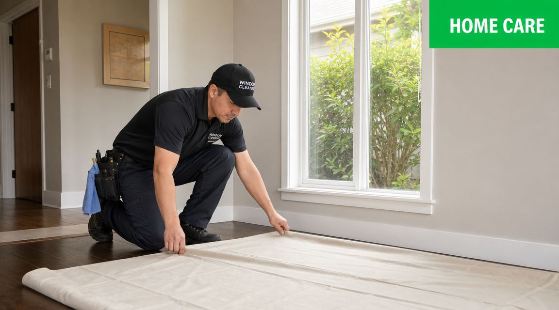 A professional window cleaner in uniform lays down a protective drop cloth before starting window cleaning services.