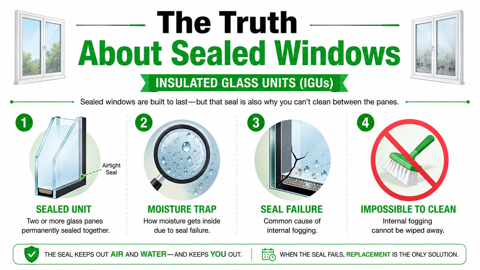 An infographic showing that sealed insulated glass windows cannot be cleaned inside due to seal failure.