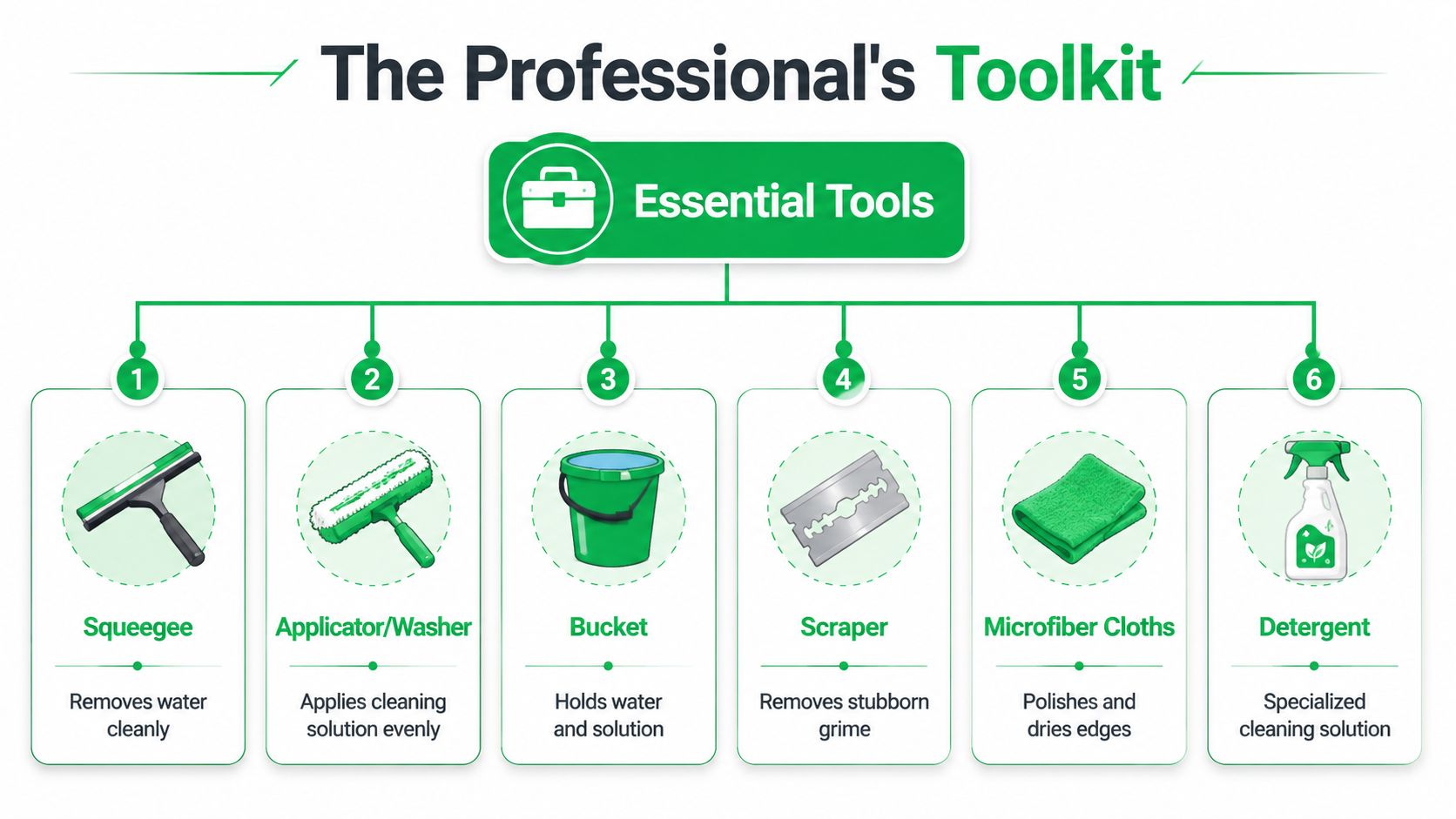 A professional infographic illustrating the six essential tools needed for achieving streak-free window cleaning at home.