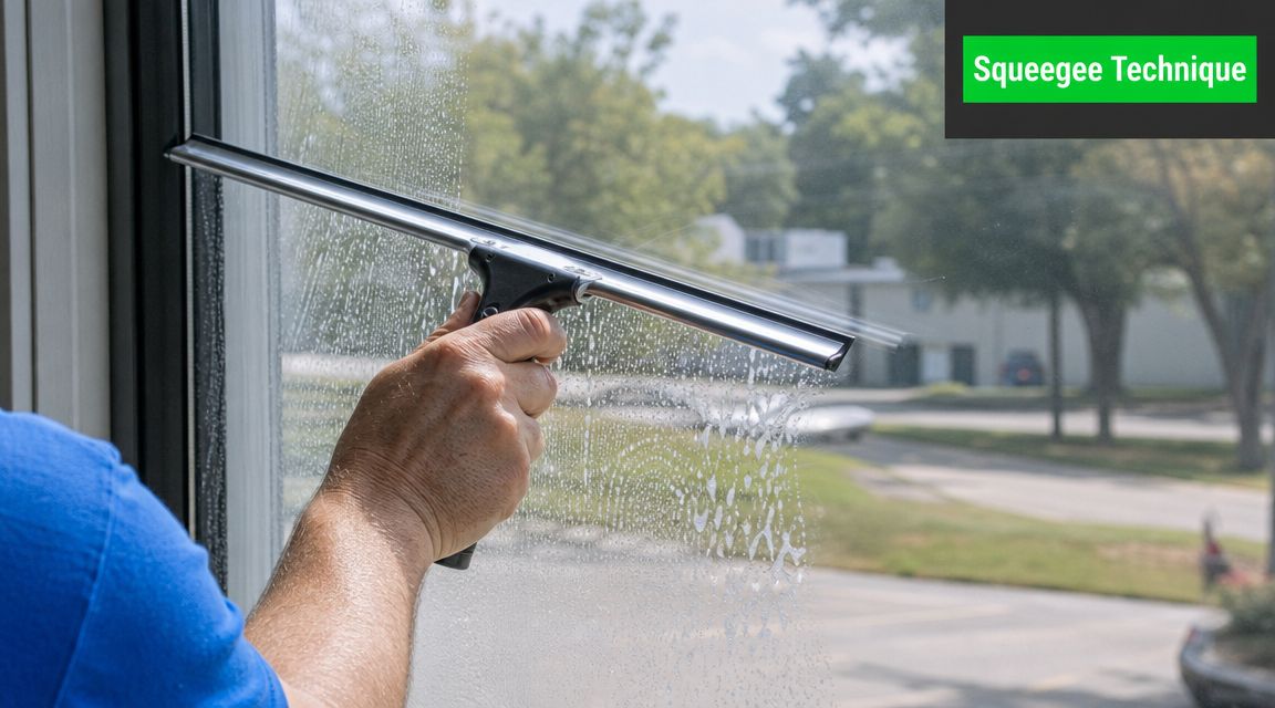 A close-up view of a person using a squeegee to clean soapy water off a glass window.