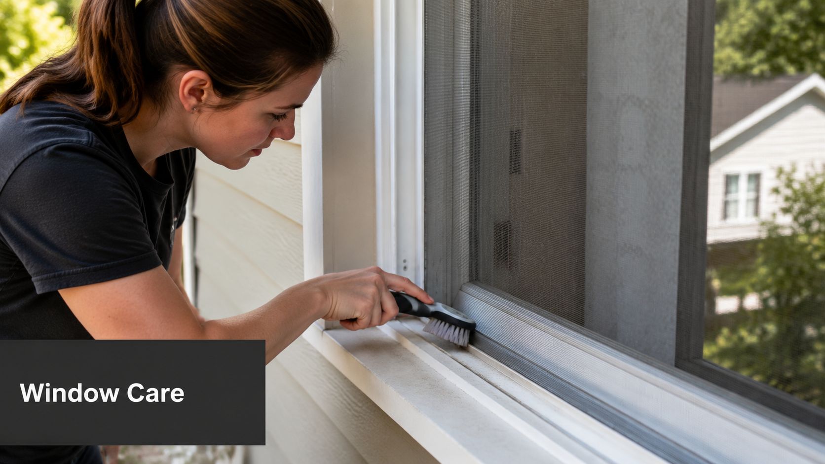 A woman cleaning a window sill frame with a small scrub brush for maintenance.