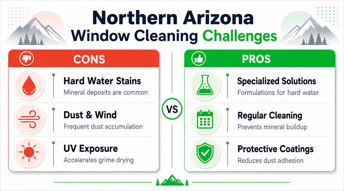 A comparison infographic showing pros and cons of window cleaning challenges in Northern Arizona.