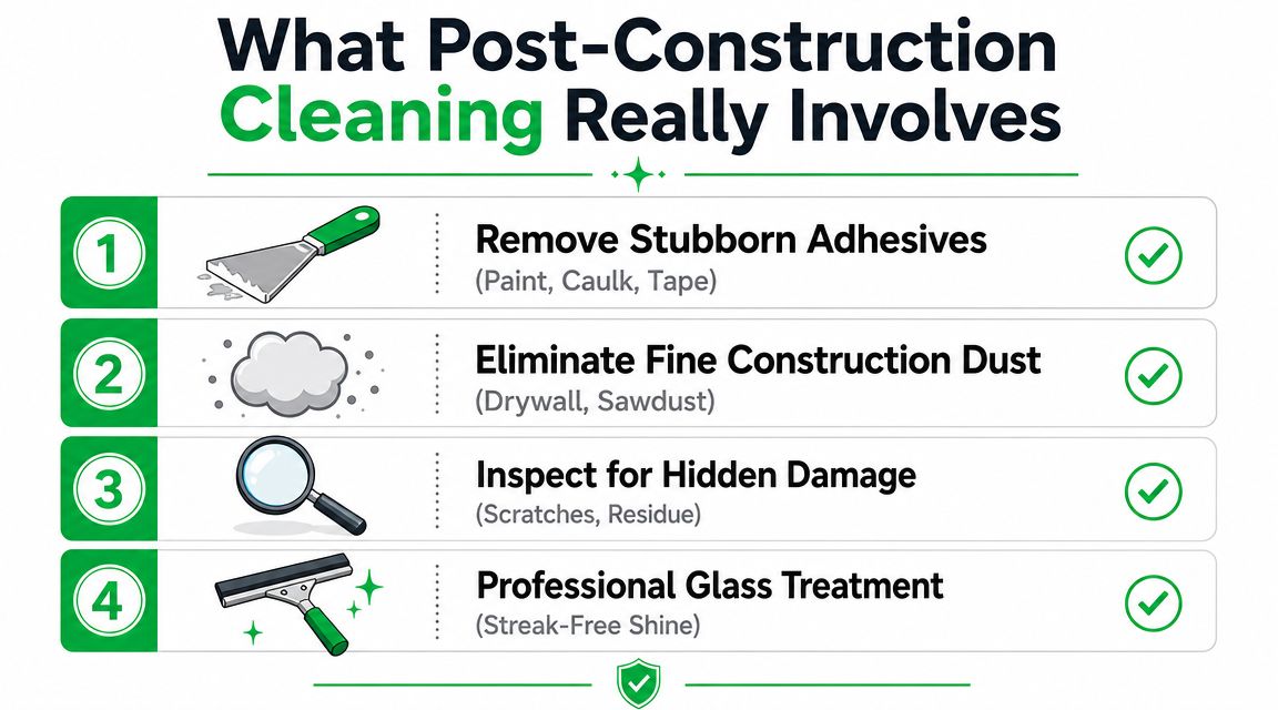 An infographic detailing four essential steps involved in professional post-construction cleaning services for new properties.