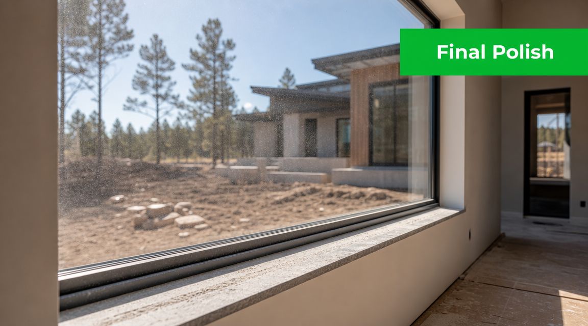 A view through a dusty glass window overlooking a construction site with trees and a building frame.