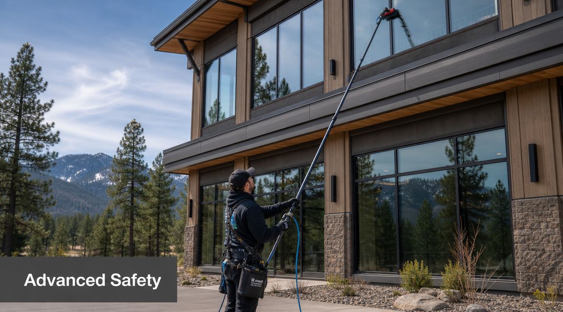 A professional cleaner uses a telescopic pole to clean windows on a modern office building exterior.