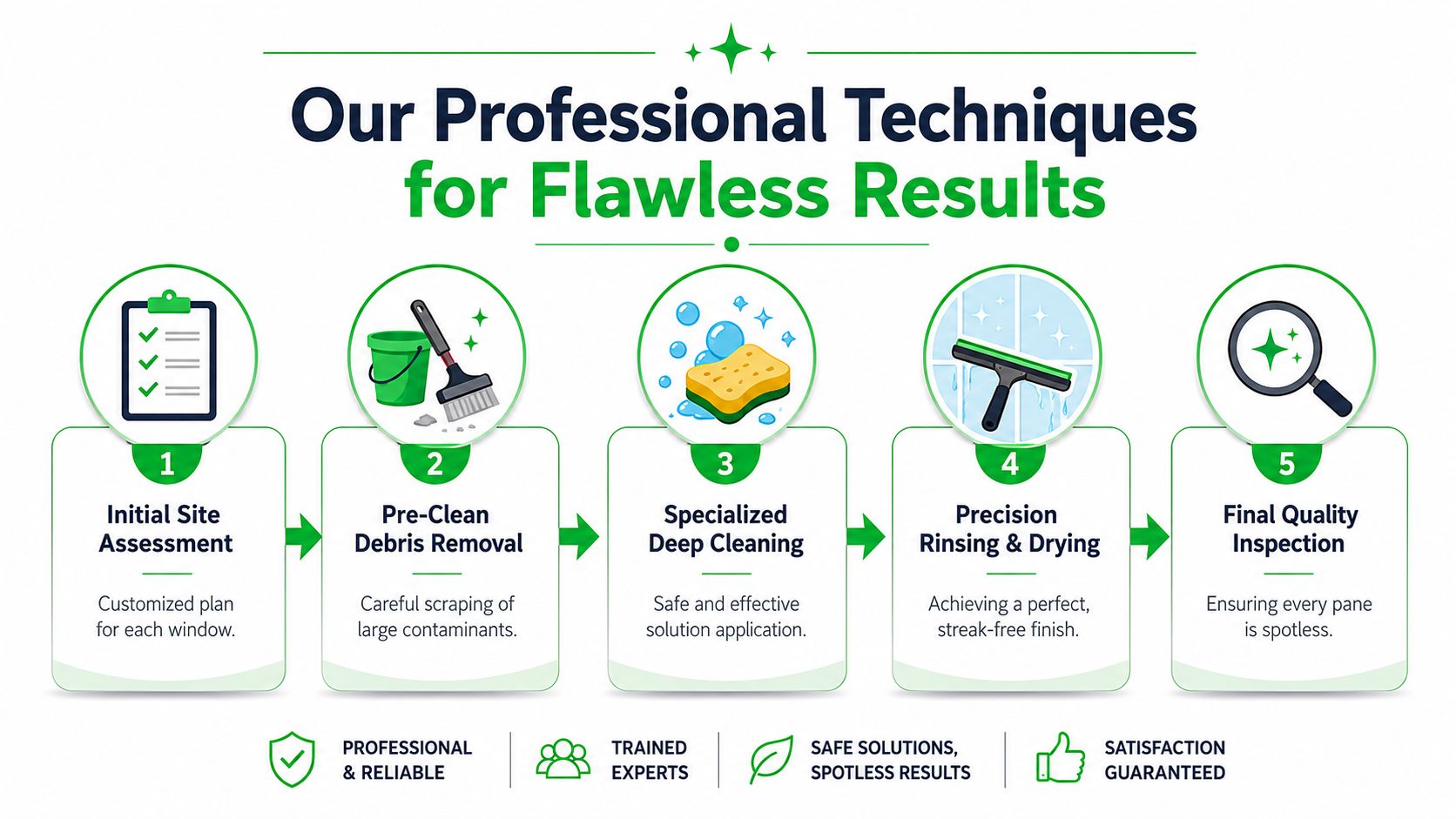 A five-step professional window cleaning process illustration showing site assessment, debris removal, cleaning, rinsing, and inspection.