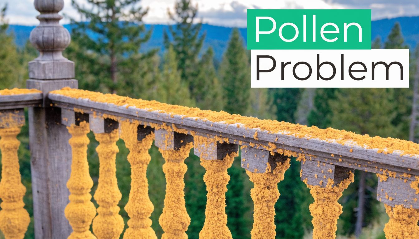 A wooden balcony railing covered in a thick, dense layer of yellow pollen in a forest setting.