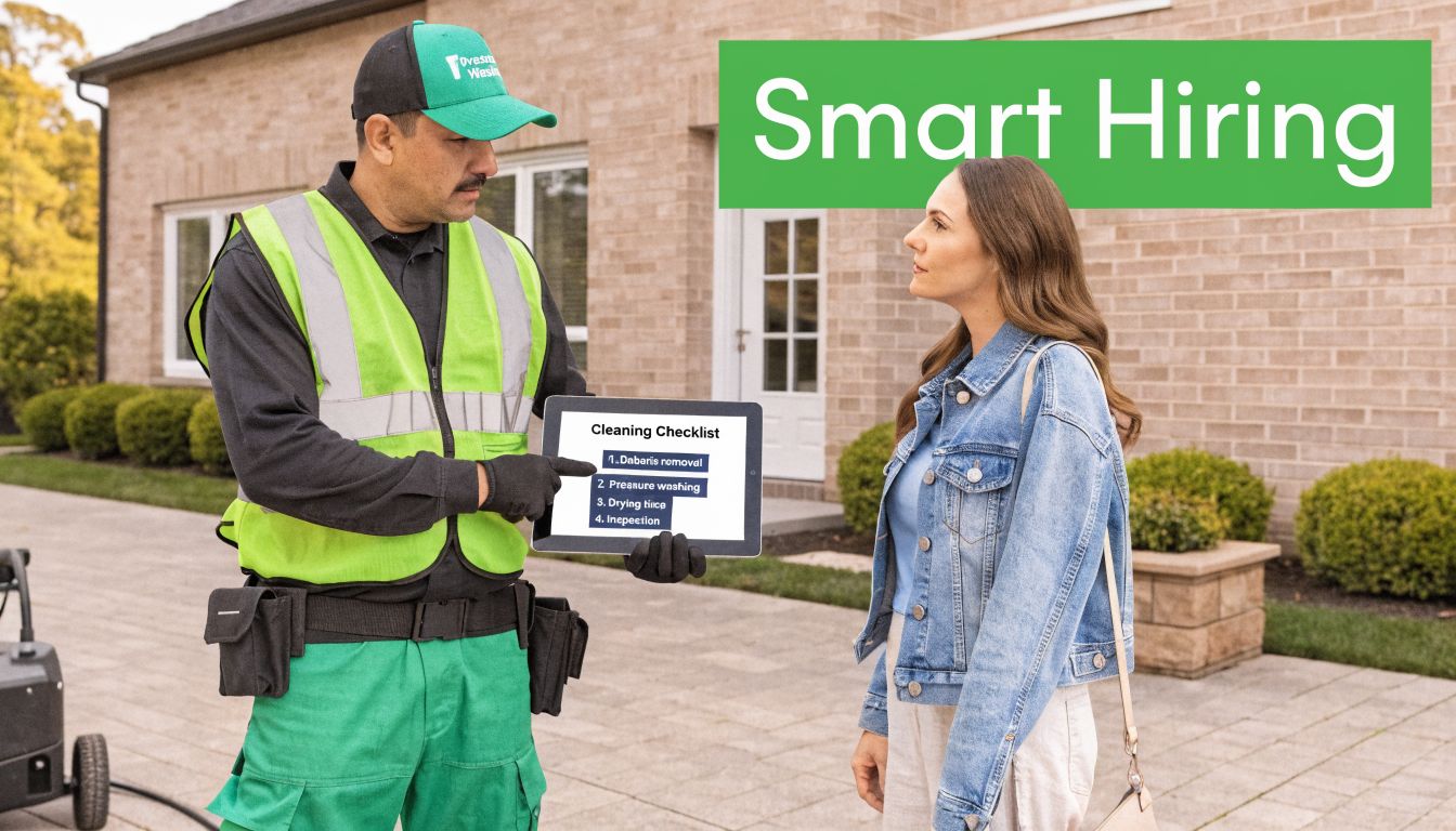 A professional pressure washing technician reviews a service checklist with a homeowner outside a suburban house.