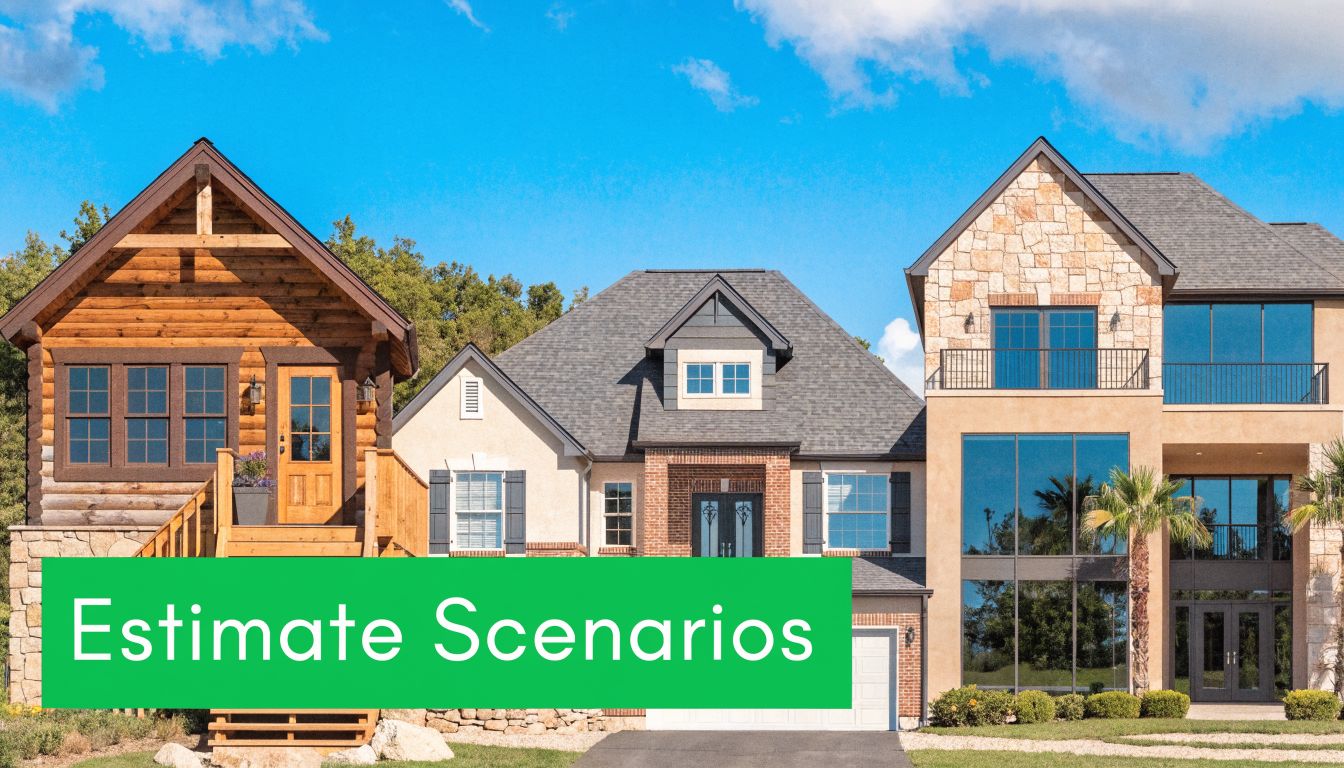 A diverse set of residential houses displaying varied architectural styles like log cabin, stucco, and stone exteriors.