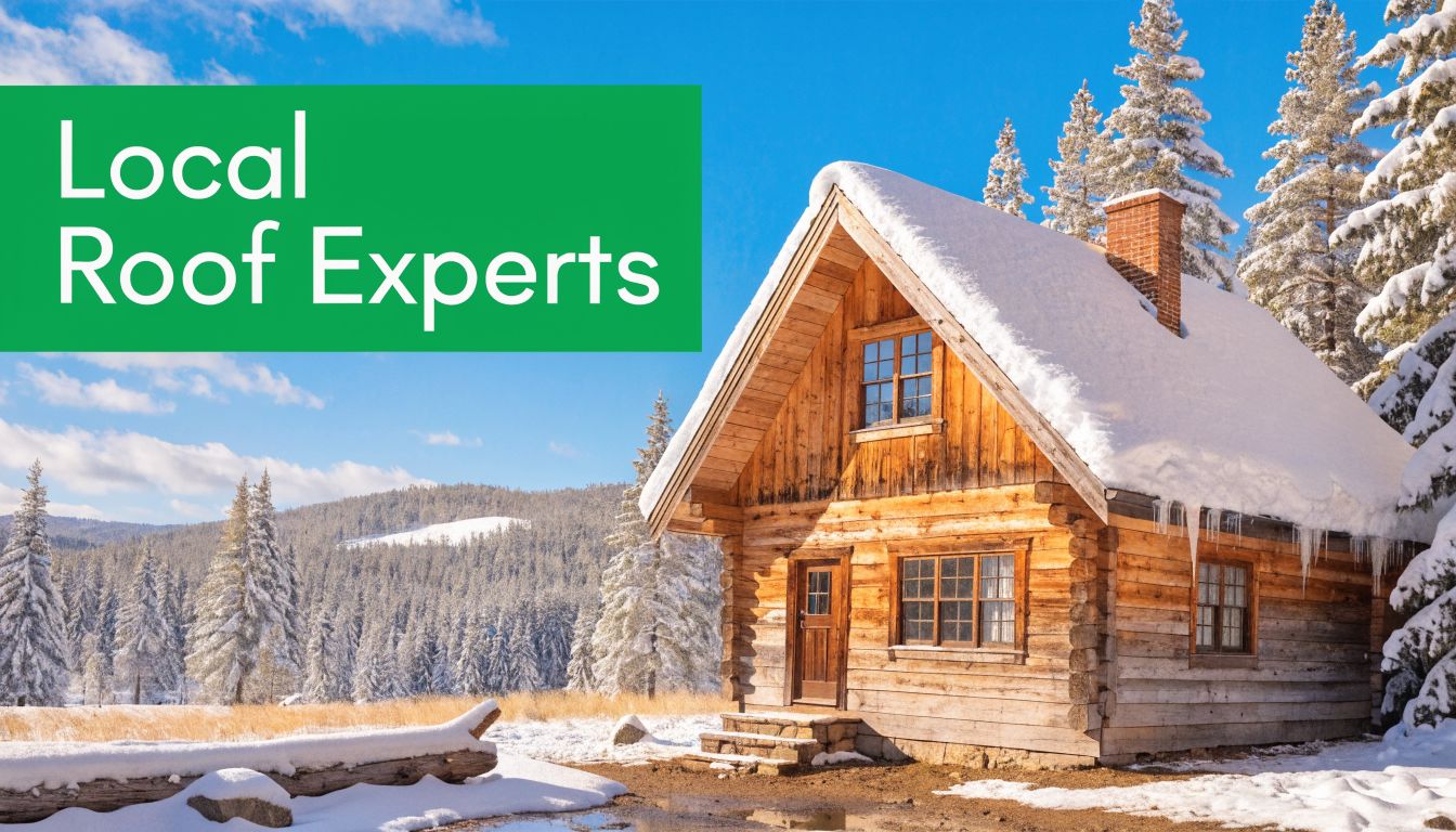 A scenic log cabin covered in snow near a pine forest with the text Local Roof Experts.