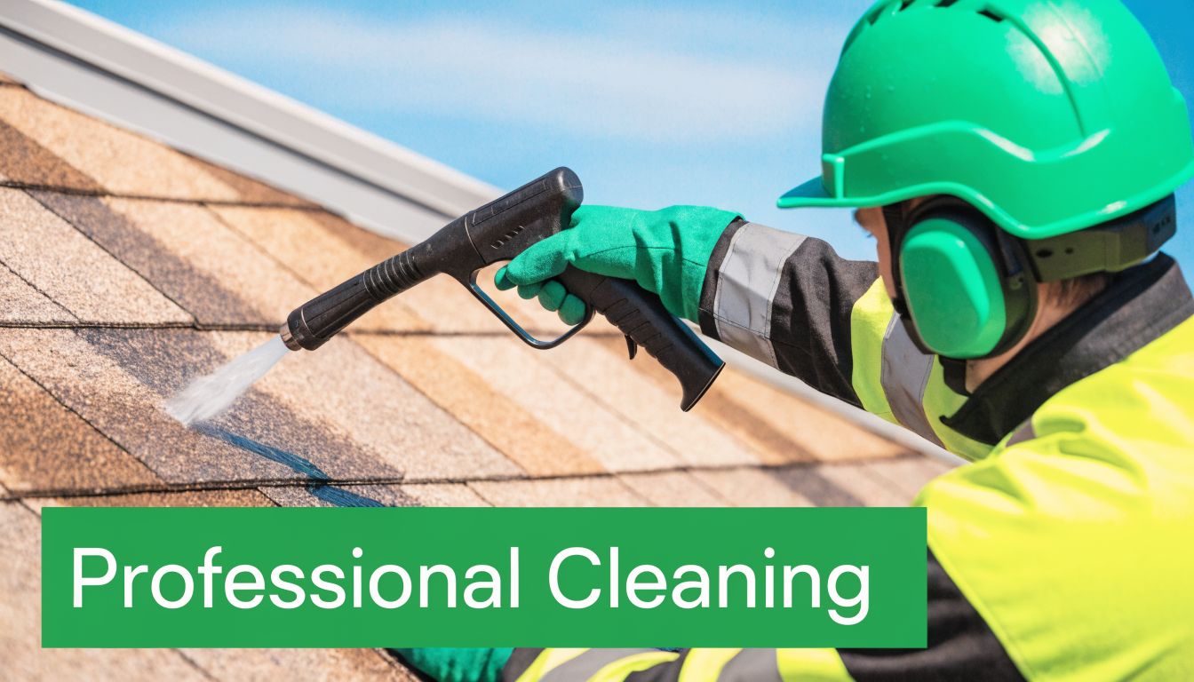 A professional technician wearing safety gear cleaning a residential shingle roof with a high-pressure spray nozzle.