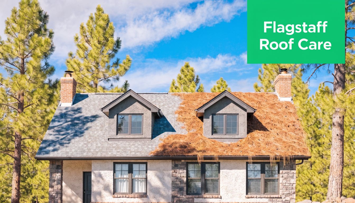A house roof partially covered in fallen pine needles, representing a need for professional roof cleaning services.