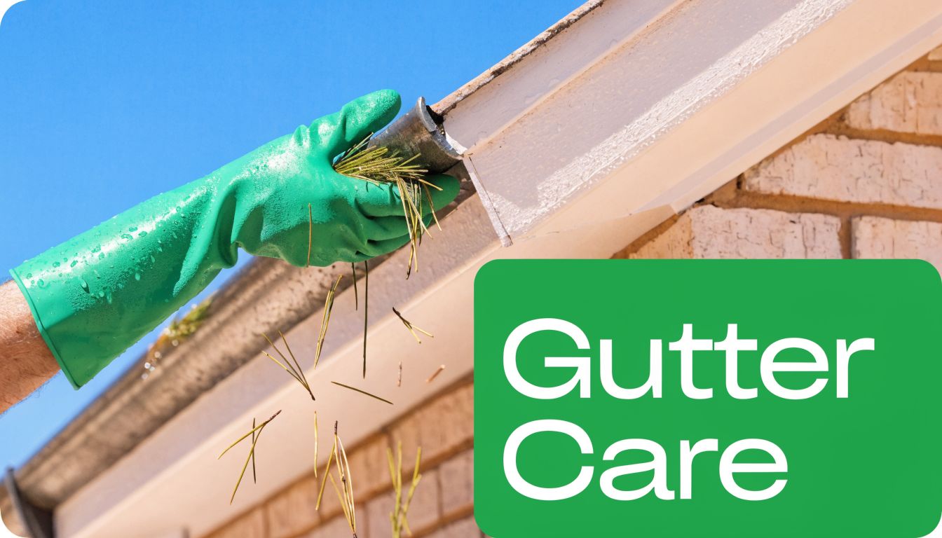 A gloved hand cleaning pine needles and debris out of a residential house gutter during maintenance.