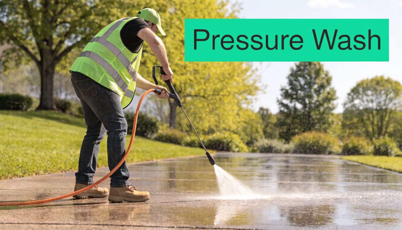 A professional worker in high-visibility gear using a pressure washer to clean a concrete driveway outdoors.