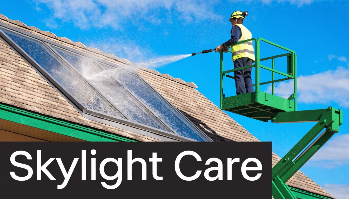 A professional worker using a high-pressure washer to clean skylight windows on a residential house roof.